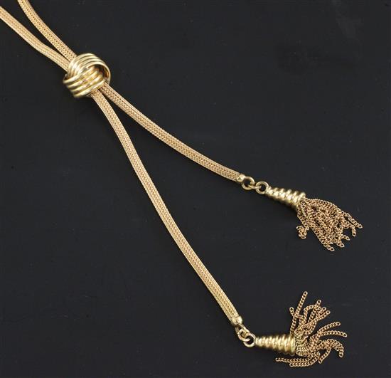 A 20th century Israeli 18ct gold double drop tassel necklace, overall 30in.